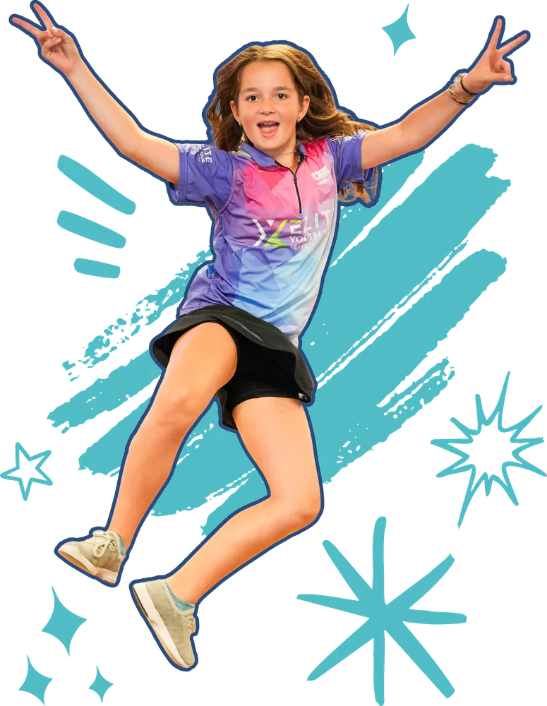 Young Elite Youth Tour bowler celebrating with both arms raised