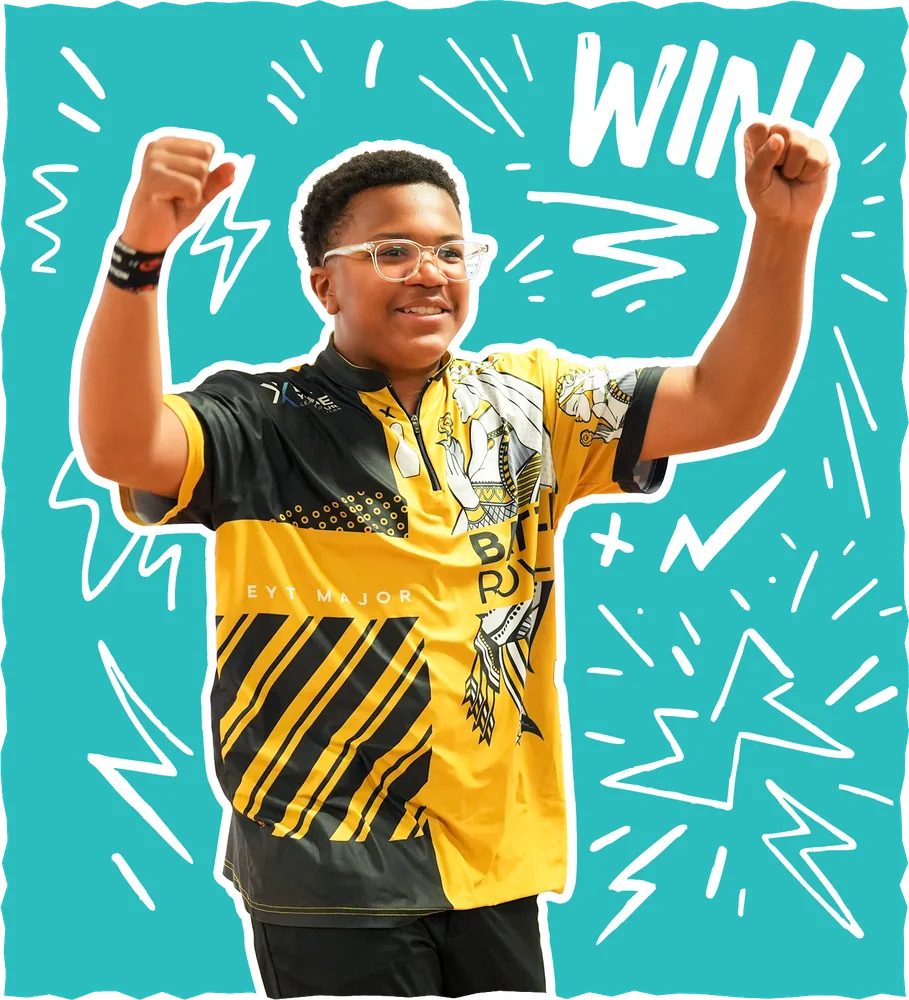 Elite Youth Tour bowler celebrating a win with both fists raised